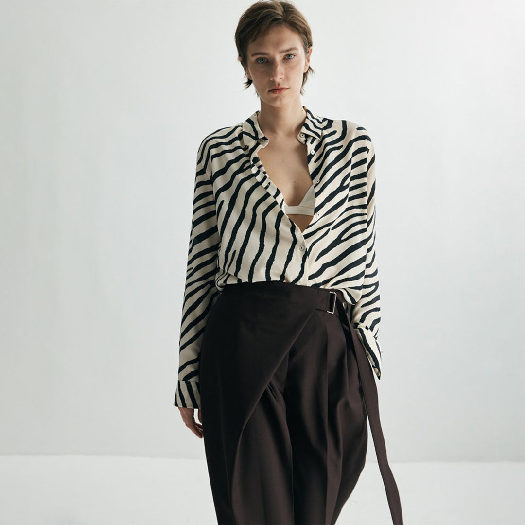 Zebra Print Mulberry Silk Shirt for Women Relaxed Fit Luxury Silk Button-Down Blouse