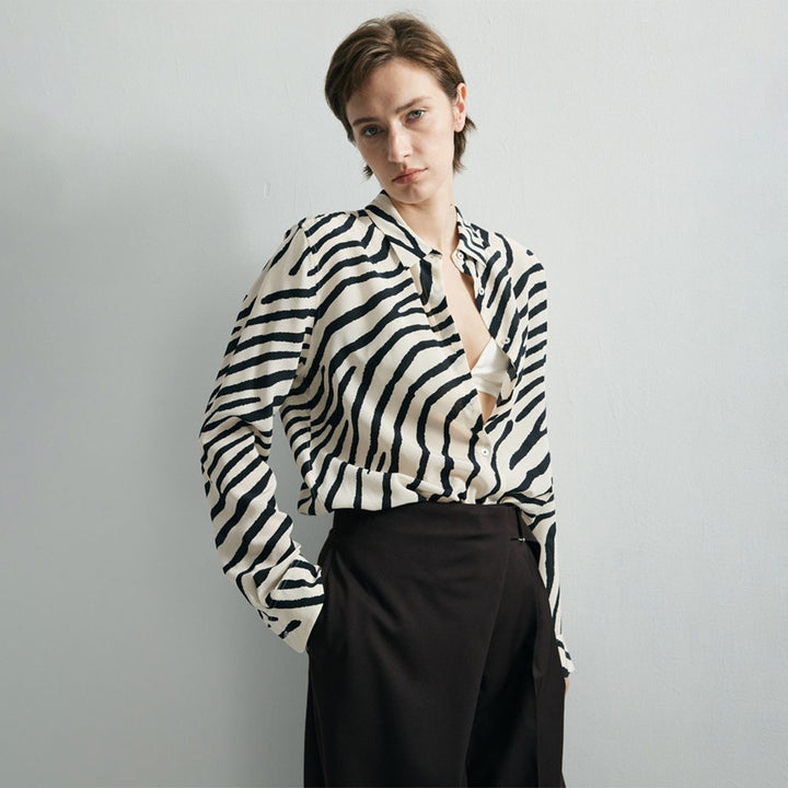 Zebra Print Mulberry Silk Shirt for Women Relaxed Fit Luxury Silk Button-Down Blouse