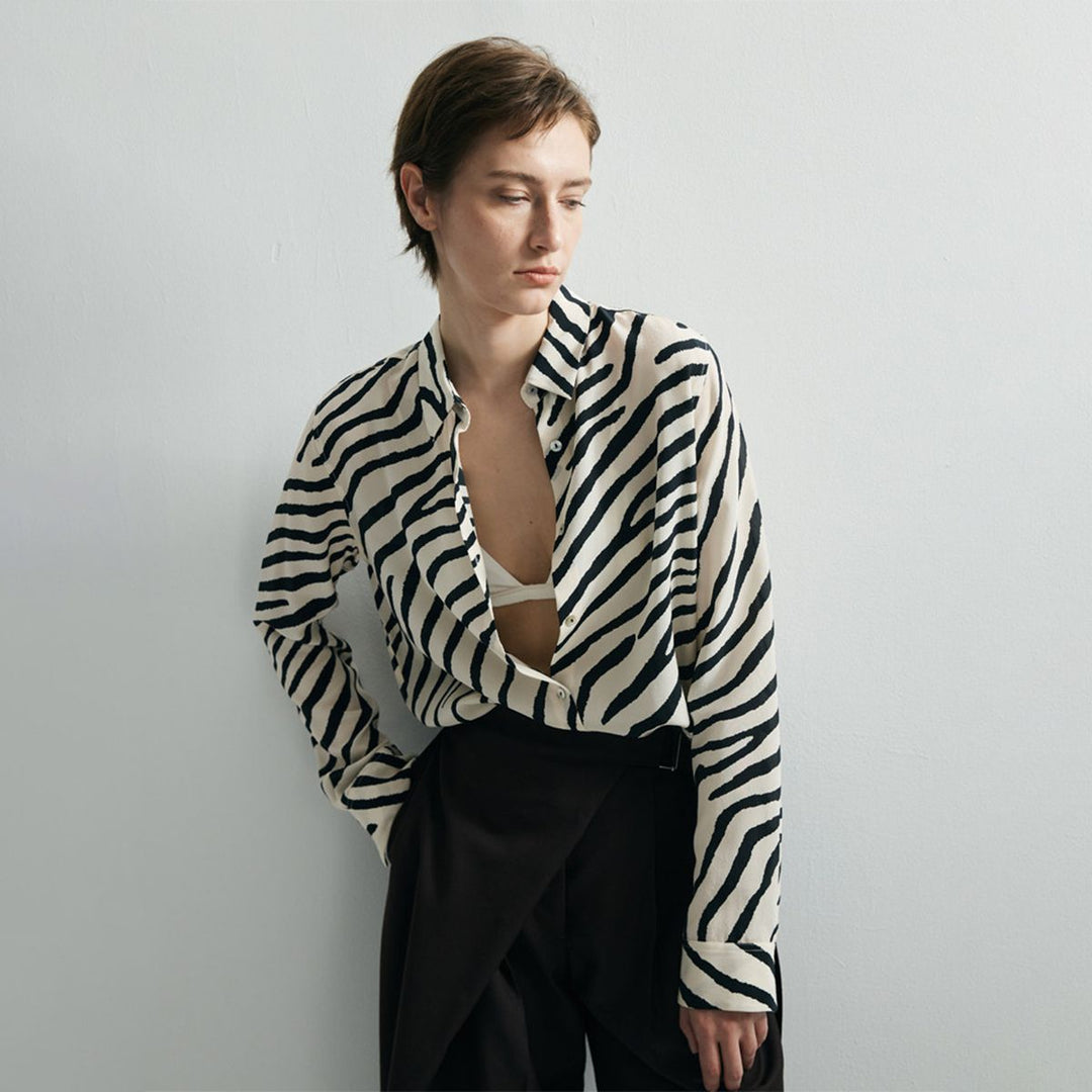 Zebra Print Mulberry Silk Shirt for Women Relaxed Fit Luxury Silk Button-Down Blouse