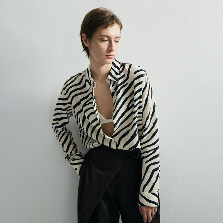 Zebra Print Mulberry Silk Shirt for Women Relaxed Fit Luxury Silk Button-Down Blouse
