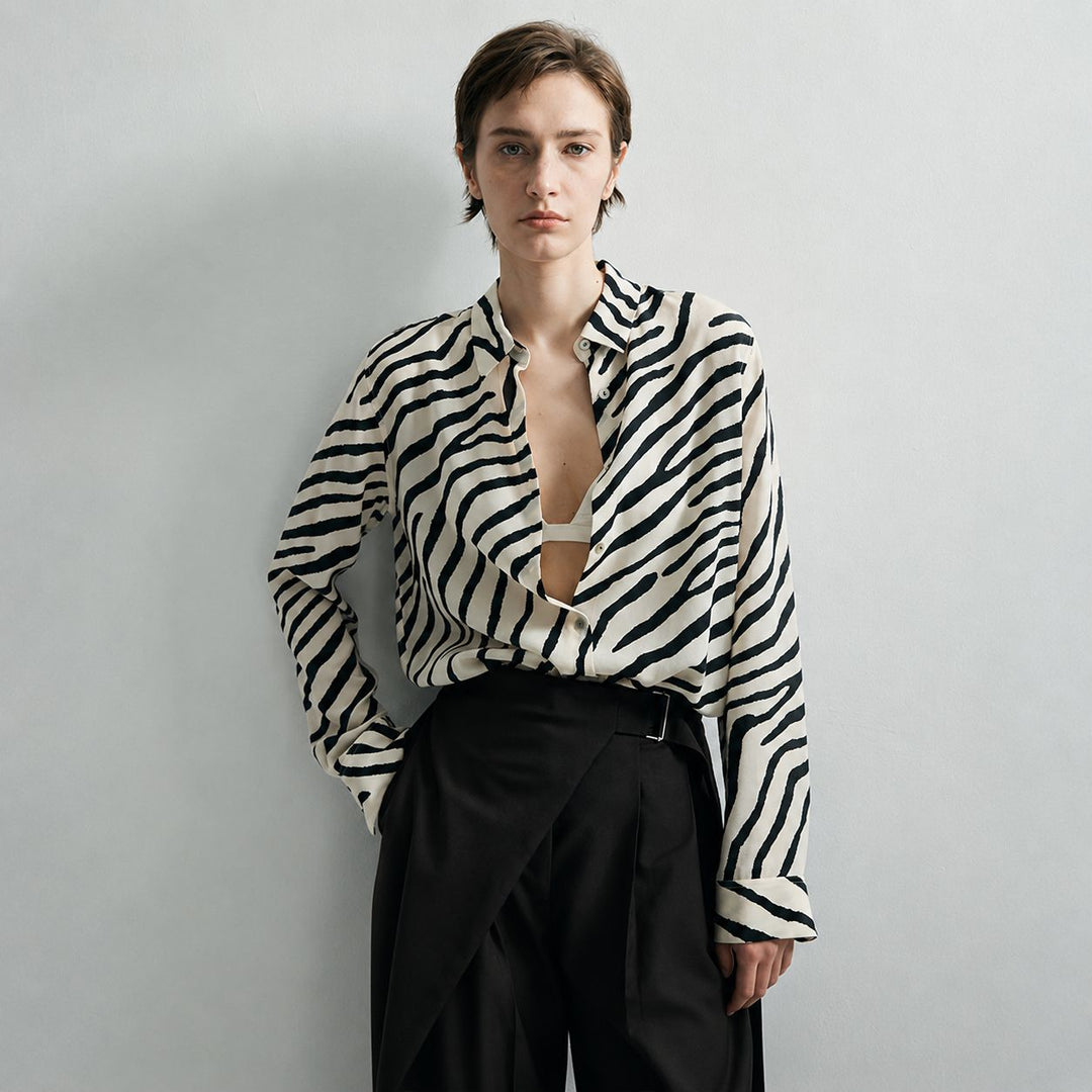 Zebra Print Mulberry Silk Shirt for Women Relaxed Fit Luxury Silk Button-Down Blouse