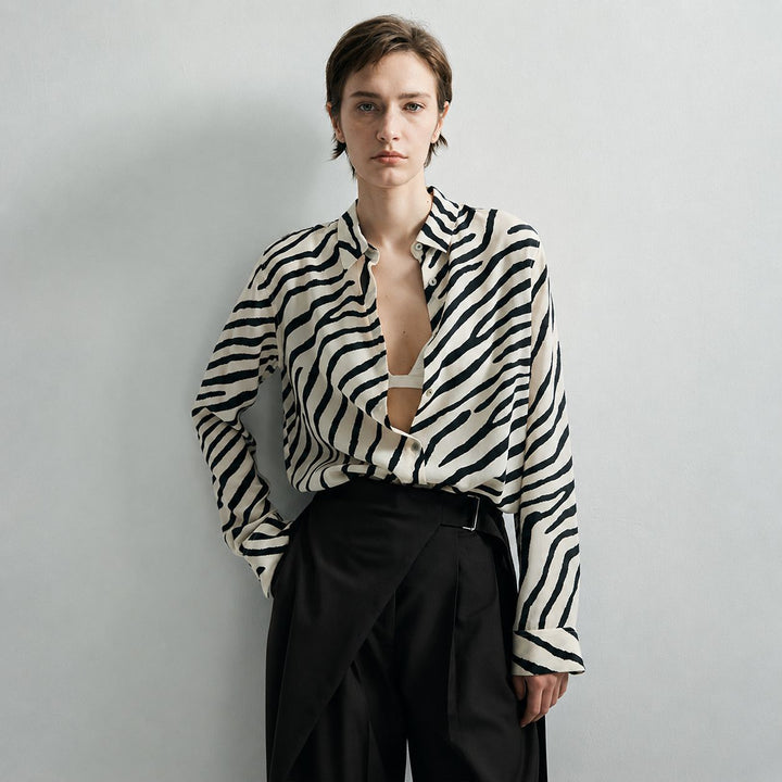 Zebra Print Mulberry Silk Shirt for Women Relaxed Fit Luxury Silk Button-Down Blouse