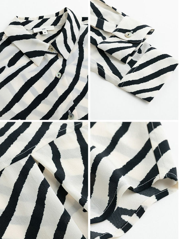 Zebra Print Mulberry Silk Shirt for Women Relaxed Fit Luxury Silk Button-Down Blouse