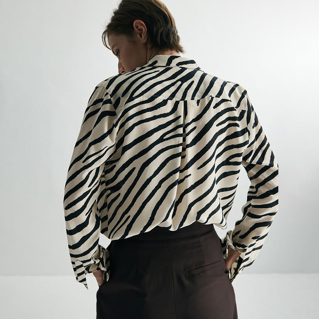 Zebra Print Mulberry Silk Shirt for Women Relaxed Fit Luxury Silk Button-Down Blouse
