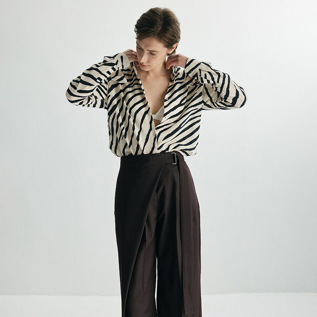 Zebra Print Mulberry Silk Shirt for Women Relaxed Fit Luxury Silk Button-Down Blouse