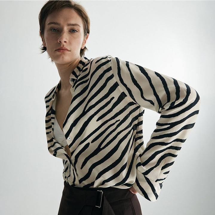 Zebra Print Mulberry Silk Shirt for Women Relaxed Fit Luxury Silk Button-Down Blouse