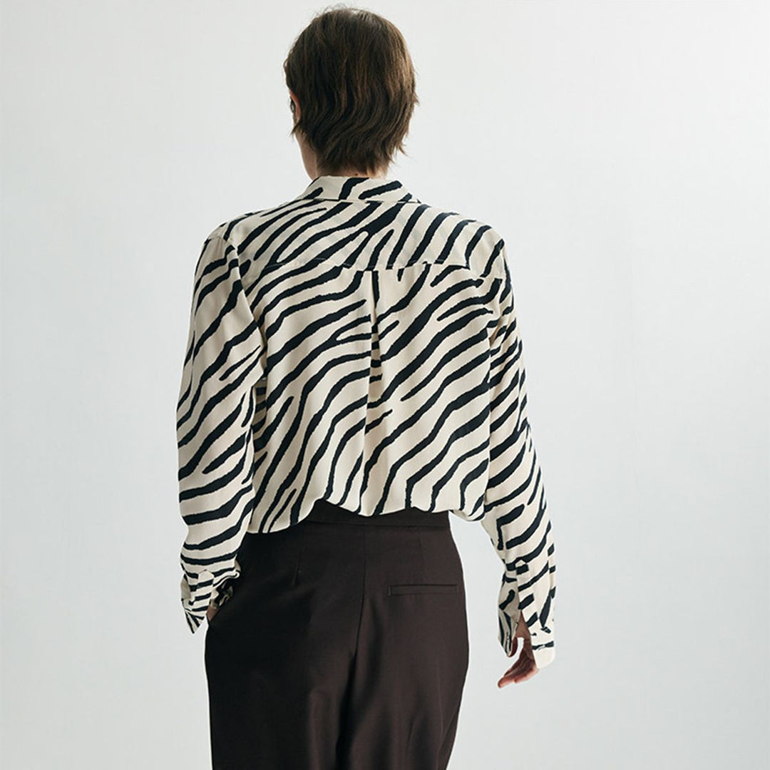 Zebra Print Mulberry Silk Shirt for Women Relaxed Fit Luxury Silk Button-Down Blouse