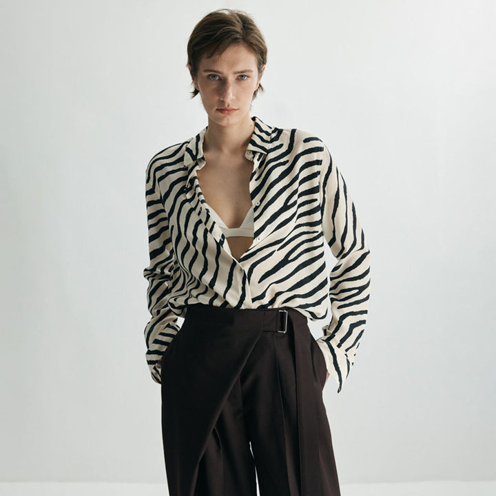 Zebra Print Mulberry Silk Shirt for Women Relaxed Fit Luxury Silk Button-Down Blouse