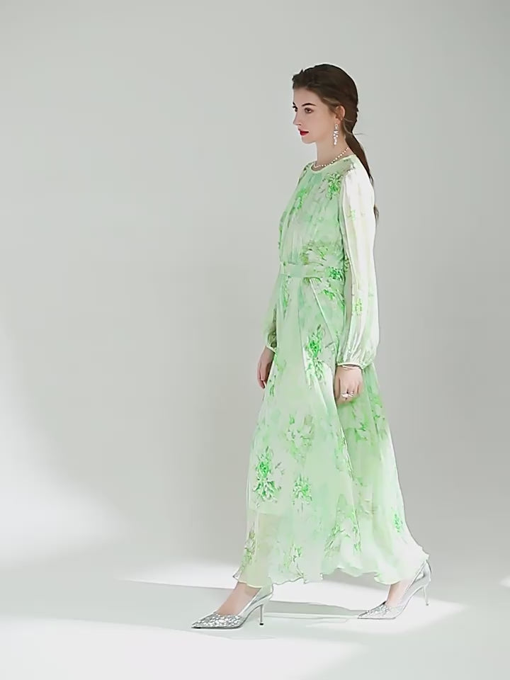 Green Floral Long Sleeve Pleated Silk Dress SD001