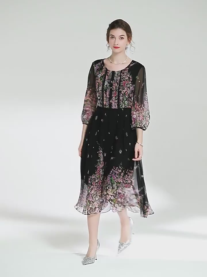 Black Floral Round Neck 3/4 Sleeves Silk Dress SD009