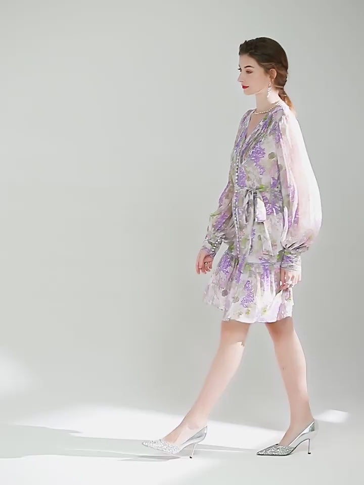 Womens Elegant Floral Print Long-Sleeved Silk Dress SD022