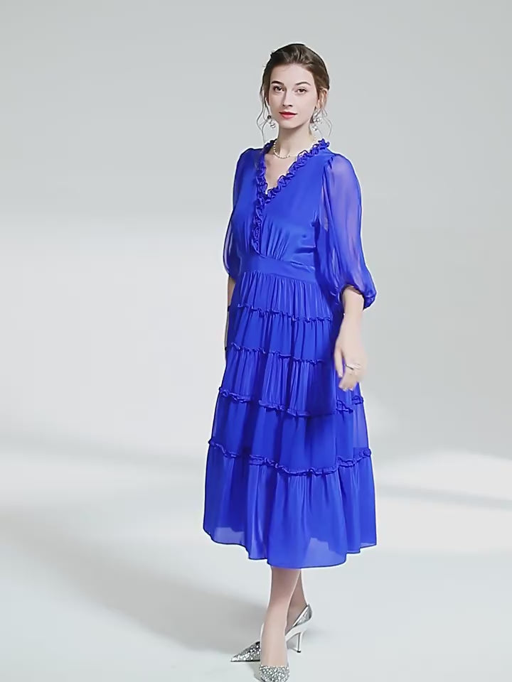 Ladies Blue V-Neck High Waist Half Sleeve Silk Dress SD011