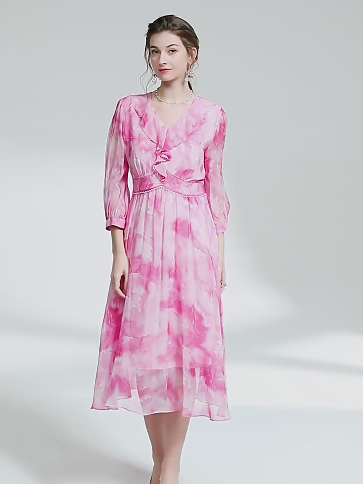 Womens Elegant Ruffled Pink Floral Long Silk Dress SD032