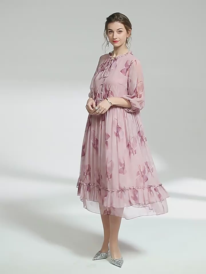 Womens Elegant Agaric Pleated Collar Floral Printed Silk Dress SD025