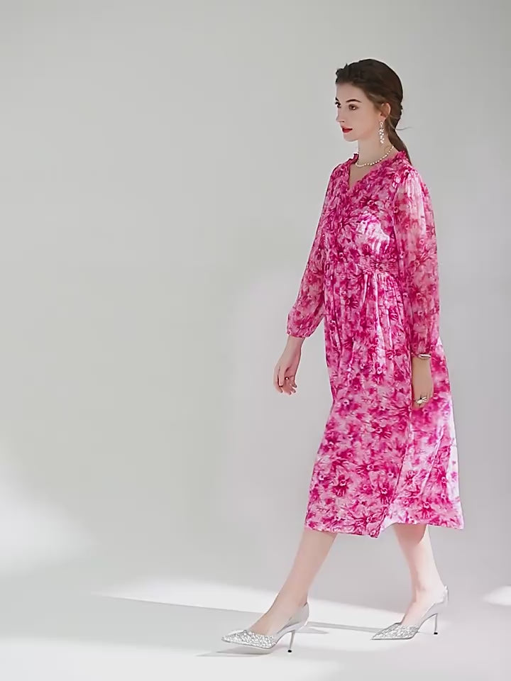 Hot Pink Floral Long Sleeve Silk Dress SD008