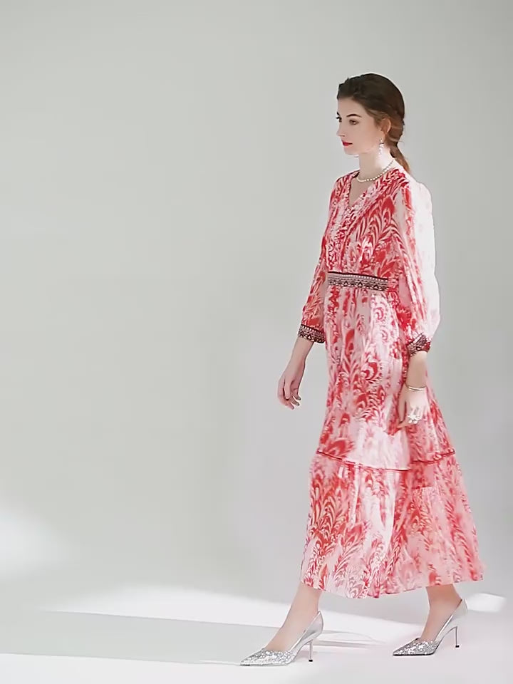 French Vintage Red Floral Print V-Neck Silk Dress SD019