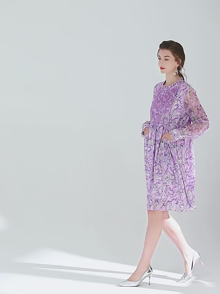 Lilac Floral Embroid Long Sleeve Silk Dress SD013