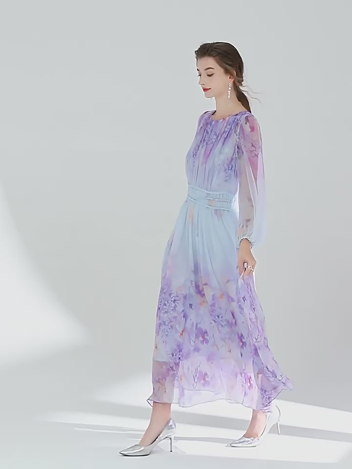 Purple Floral Printed Long Flowy Mulberry Silk Dress SD034