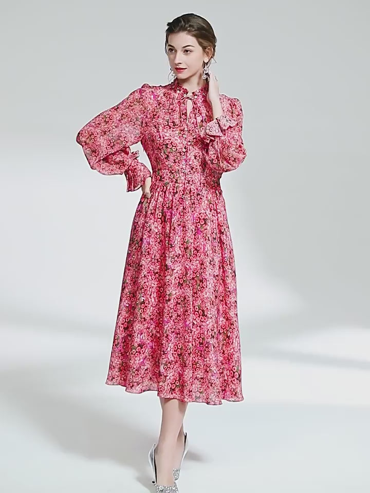 Womens Vintage Flare Sleeve Floral Printed Silk Dress SD024