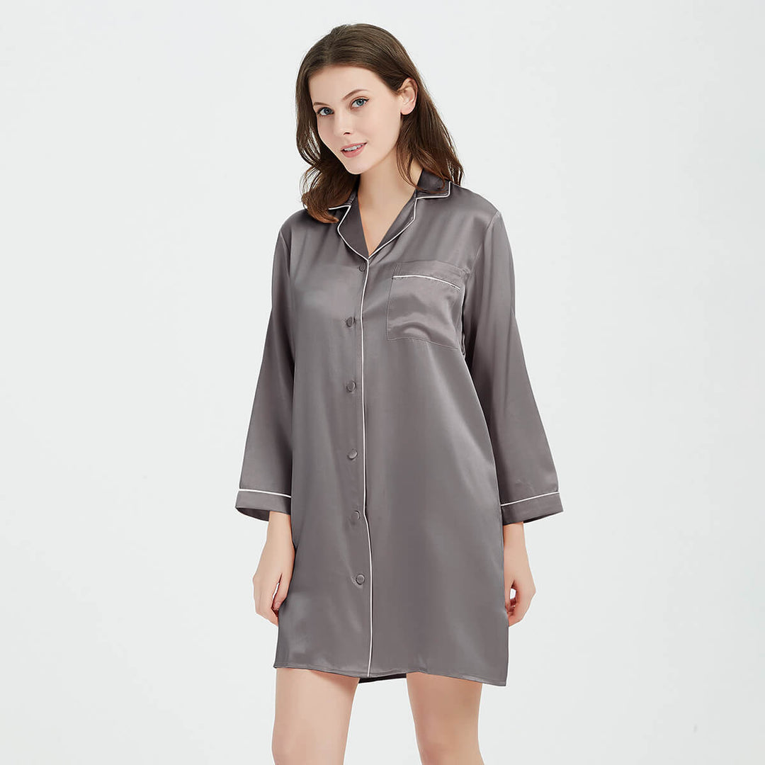 22 Momme Long Sleeve Silk Pajama Dress Womens Silk Nightshirt With Trimming LSP036