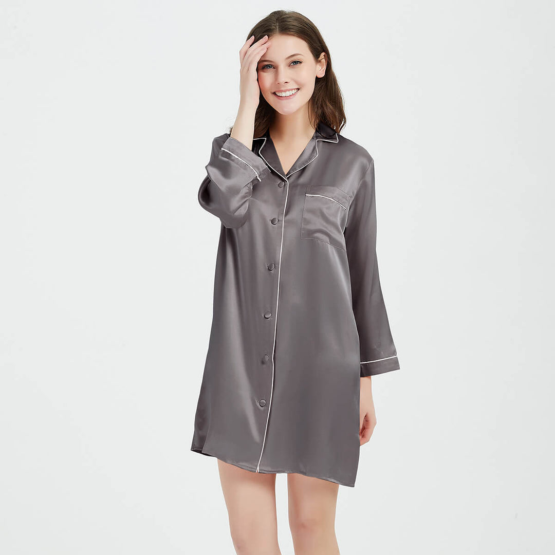 22 Momme Long Sleeve Silk Pajama Dress Womens Silk Nightshirt With Trimming LSP036