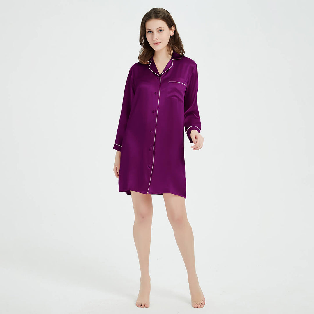 22 Momme Long Sleeve Silk Pajama Dress Womens Silk Nightshirt With Trimming LSP036