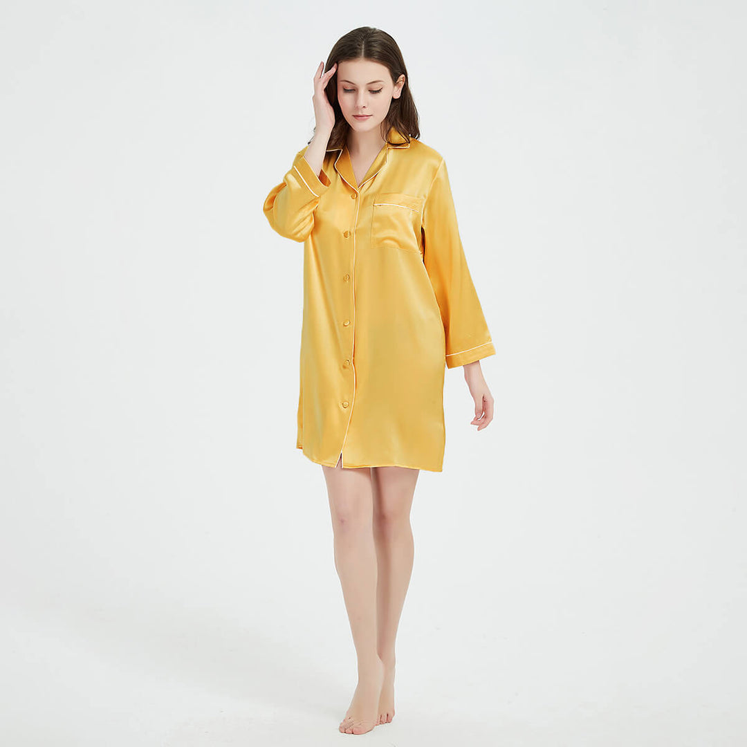 22 Momme Long Sleeve Silk Pajama Dress Womens Silk Nightshirt With Trimming LSP036