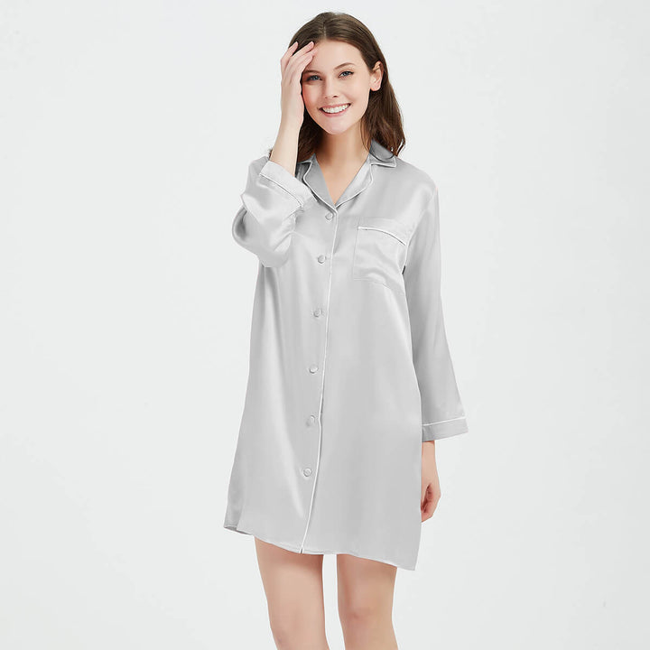 22 Momme Long Sleeve Silk Pajama Dress Womens Silk Nightshirt With Trimming LSP036