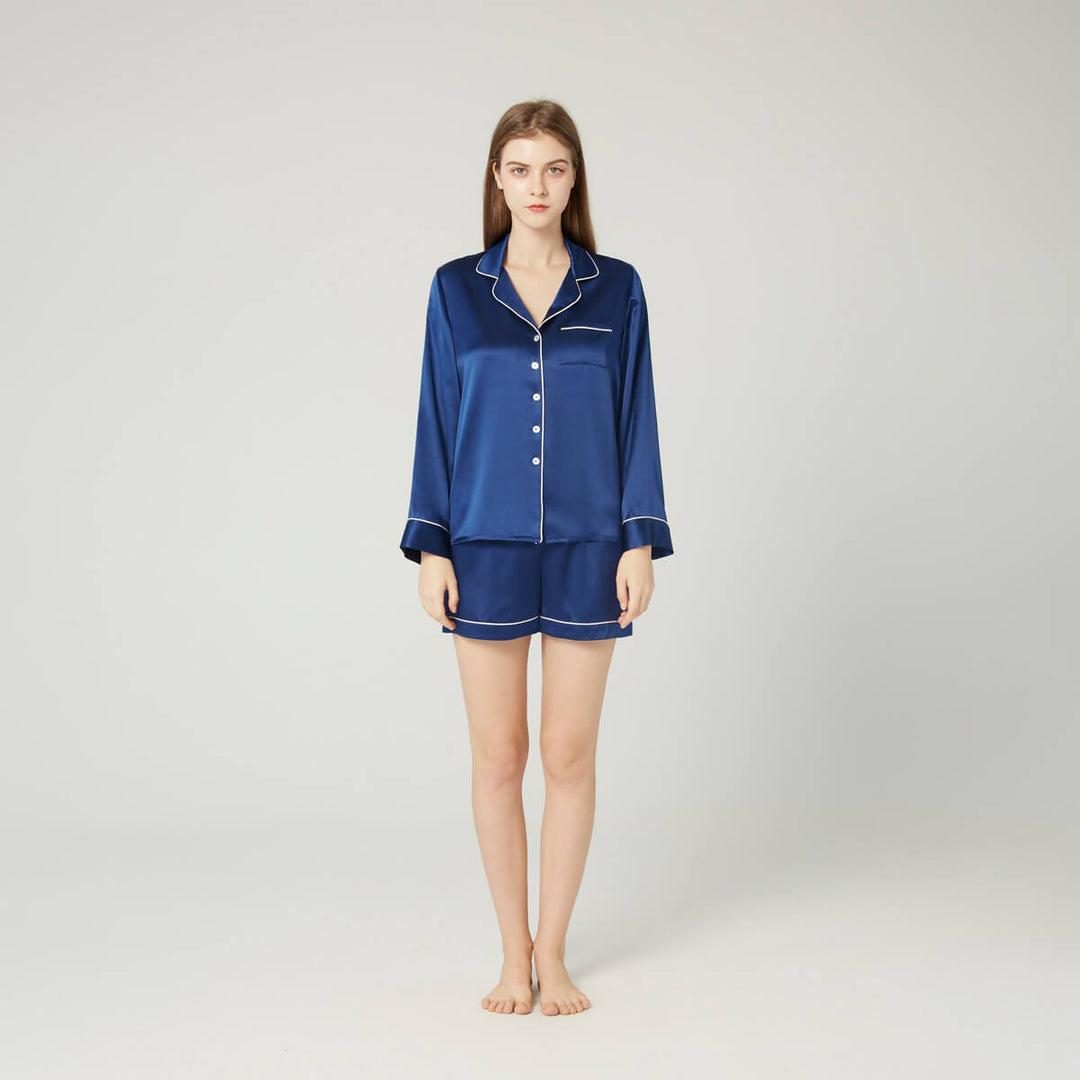 Double-Sided Silky Women Luxury Long Sleeve Silk Pajama Shorts Set LSP002