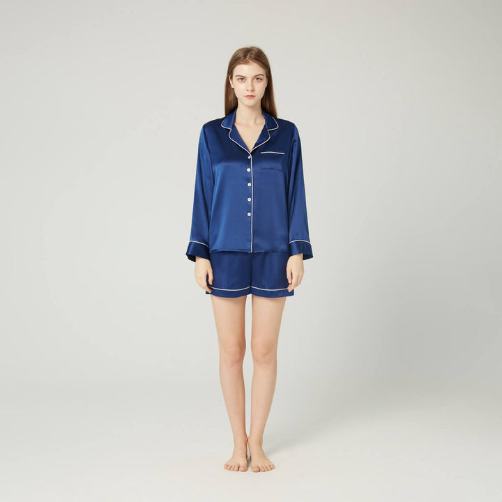 Double-Sided Silky Women Luxury Long Sleeve Silk Pajama Shorts Set LSP002