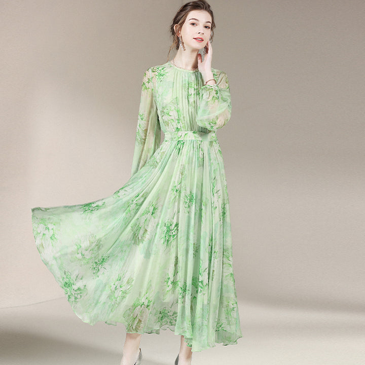 Green Floral Long Sleeve Pleated Silk Dress SD001