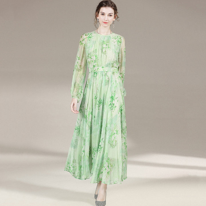 Green Floral Long Sleeve Pleated Silk Dress SD001