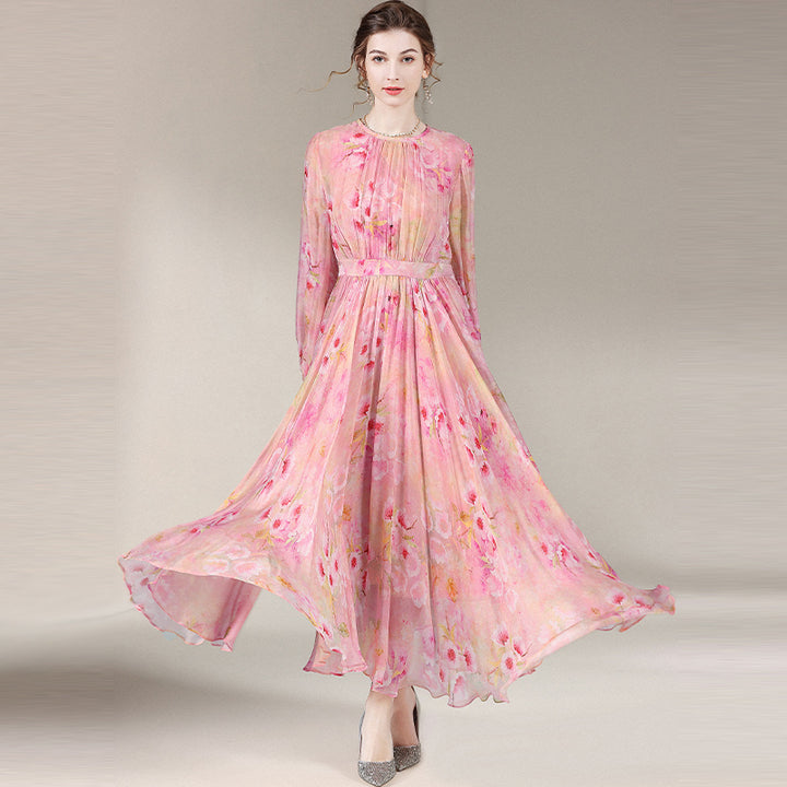 Green Floral Long Sleeve Pleated Silk Dress SD001