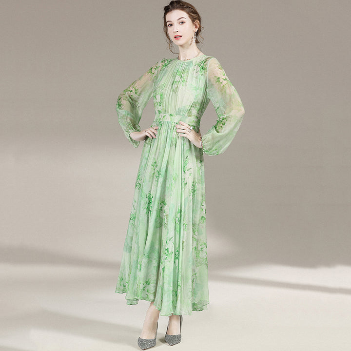 Green Floral Long Sleeve Pleated Silk Dress SD001