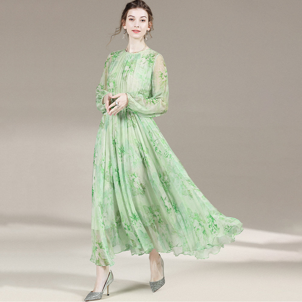 Green Floral Long Sleeve Pleated Silk Dress SD001