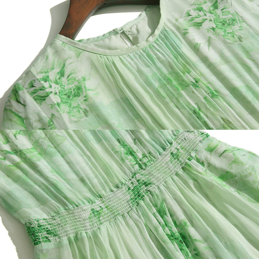 Green Floral Long Sleeve Pleated Silk Dress SD001