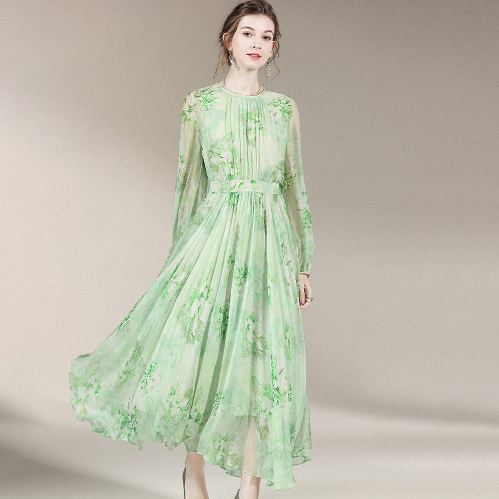 Green Floral Long Sleeve Pleated Silk Dress SD001