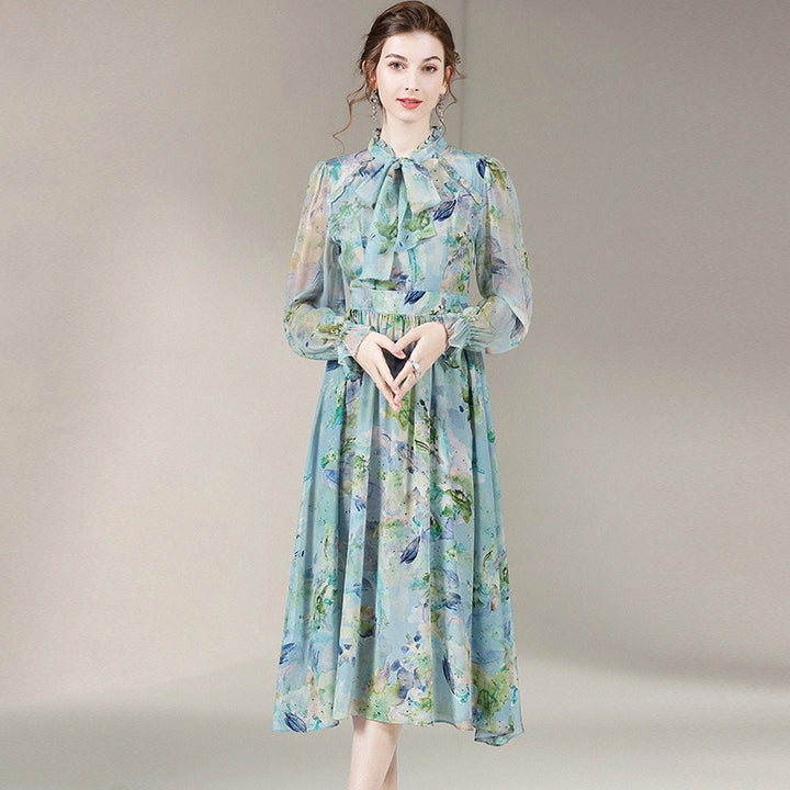 Blue Tie Neck Long Sleeve High Waist Silk Dress SD002