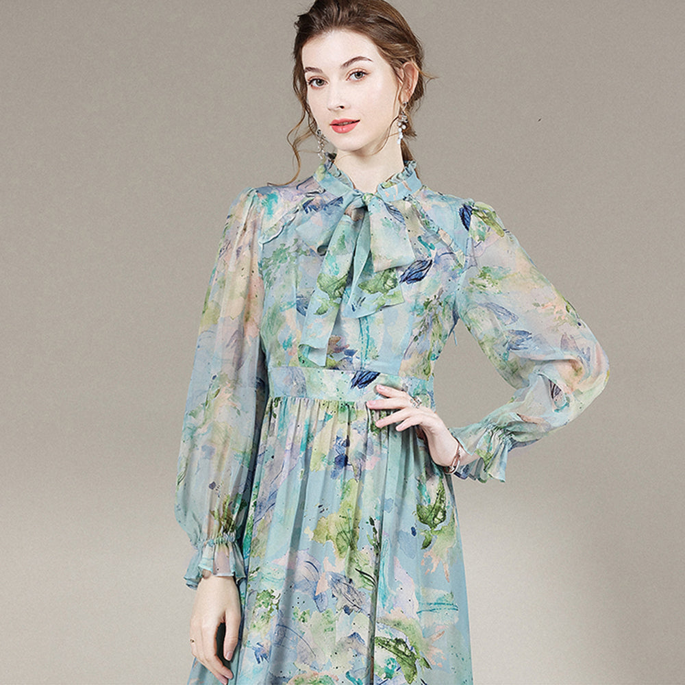 Blue Tie Neck Long Sleeve High Waist Silk Dress SD002