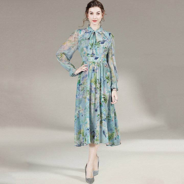 Blue Tie Neck Long Sleeve High Waist Silk Dress SD002