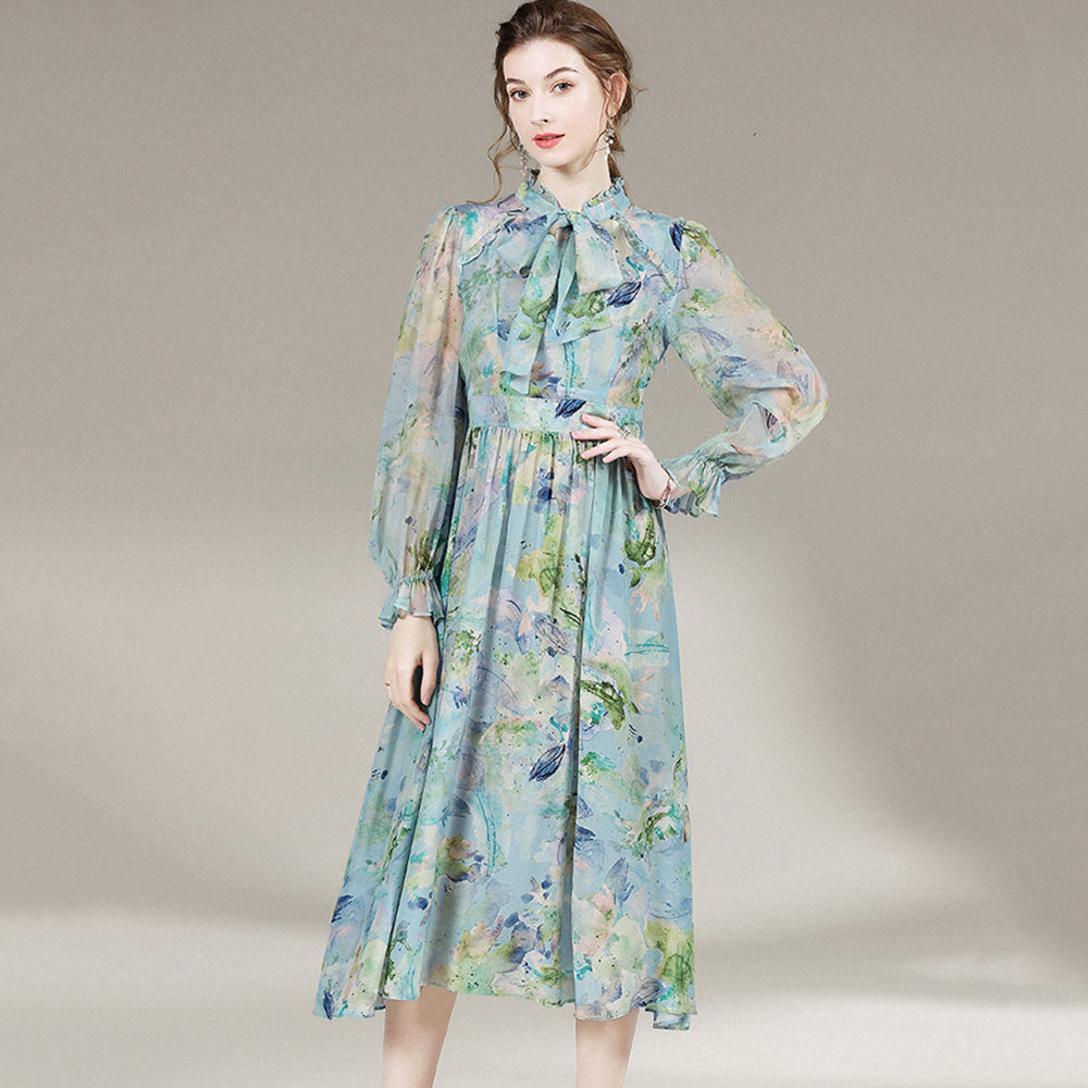 Blue Tie Neck Long Sleeve High Waist Silk Dress SD002