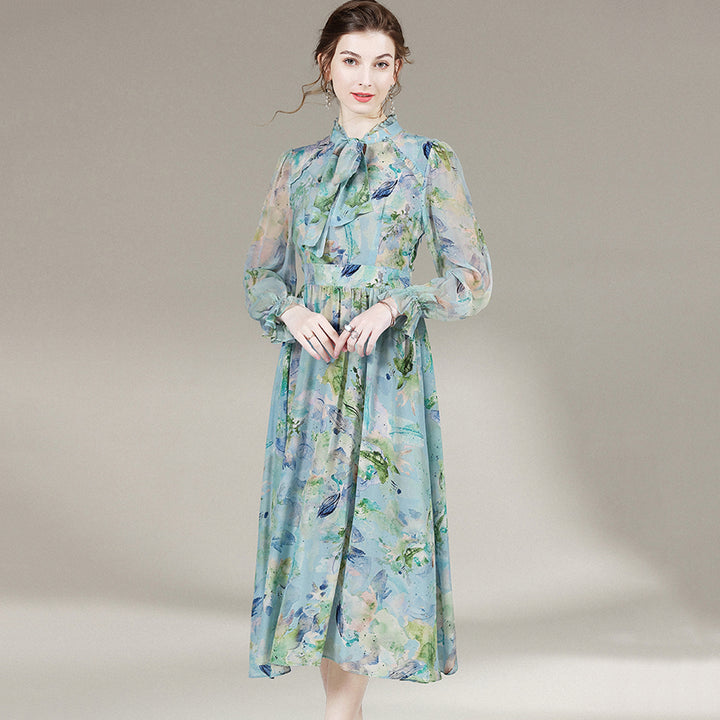 Blue Tie Neck Long Sleeve High Waist Silk Dress SD002