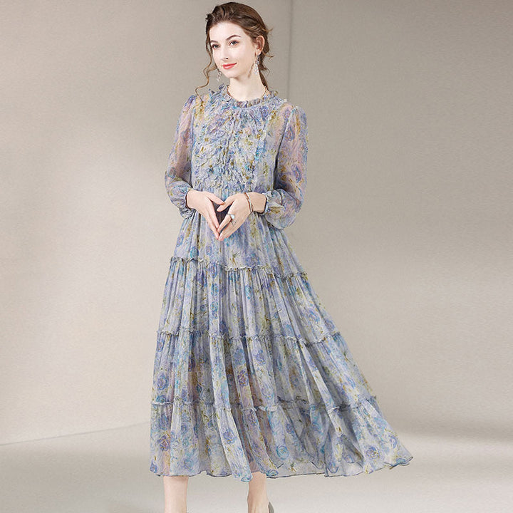 Blue Grey Floral Long Sleeve Fungus Silk Dress SD003