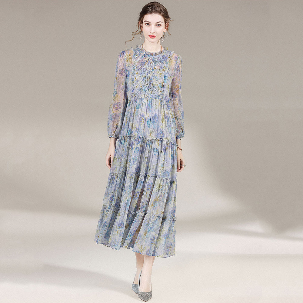 Blue Grey Floral Long Sleeve Fungus Silk Dress SD003