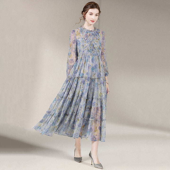 Blue Grey Floral Long Sleeve Fungus Silk Dress SD003