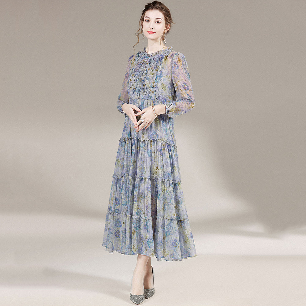 Blue Grey Floral Long Sleeve Fungus Silk Dress SD003