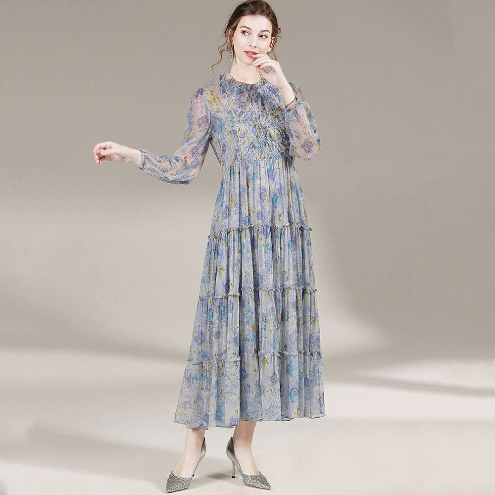 Blue Grey Floral Long Sleeve Fungus Silk Dress SD003