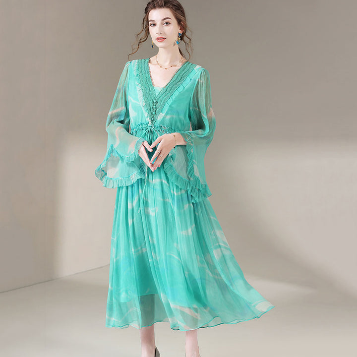 Deep V-neck Long Bell Sleeves Green Silk Dress SD004