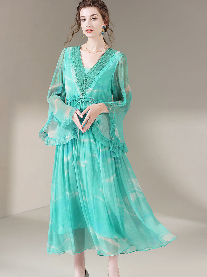 Deep V-neck Long Bell Sleeves Green Silk Dress SD004