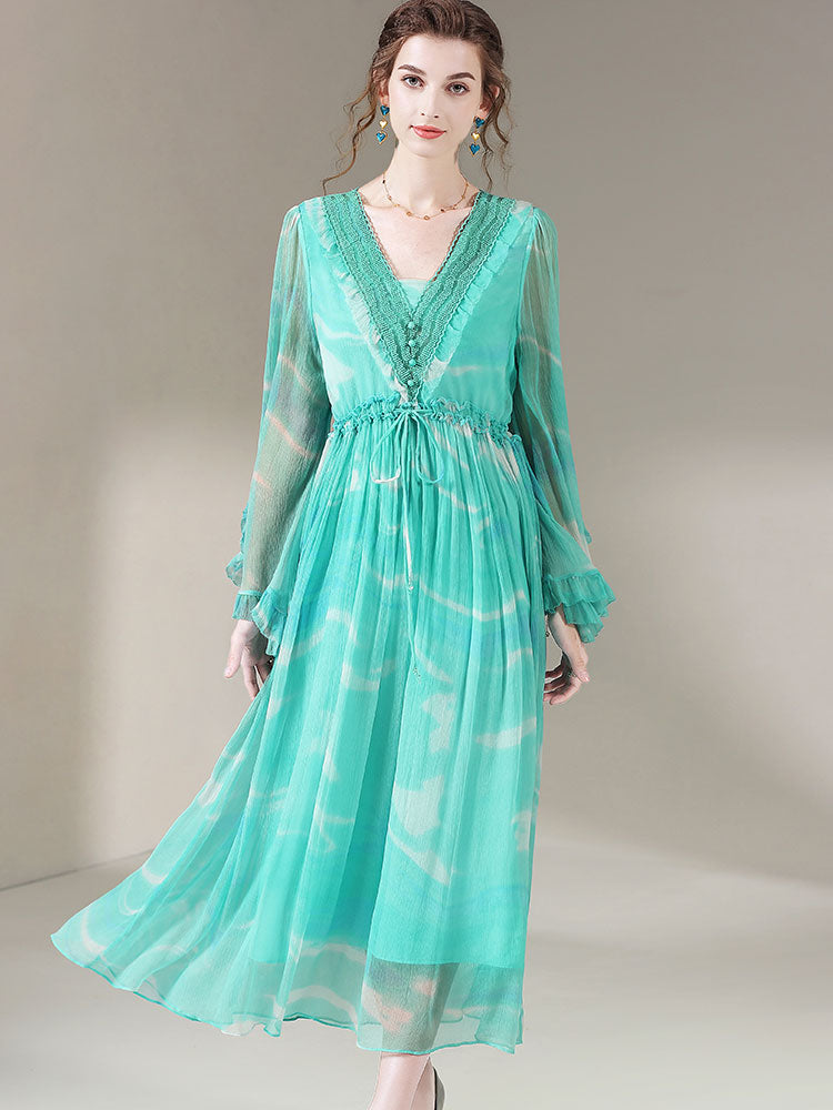 Deep V-neck Long Bell Sleeves Green Silk Dress SD004